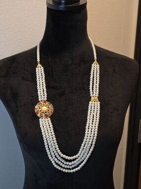 Multi-Strand White Faux Pearl Necklace with Gold Accent
